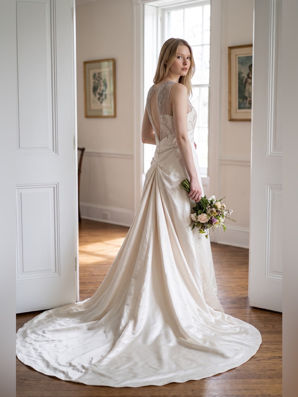 Yolanda Couture for Irene Bridal Art Deco Ivory Beaded Illusion Neck Satin sz 10